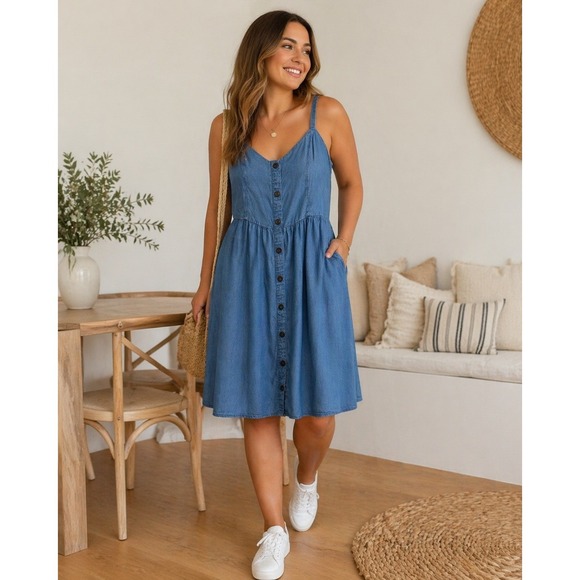 Old Navy Dresses & Skirts - Old Navy Blue Chambray Cami Mini Dress Button Front Lyocell Size L